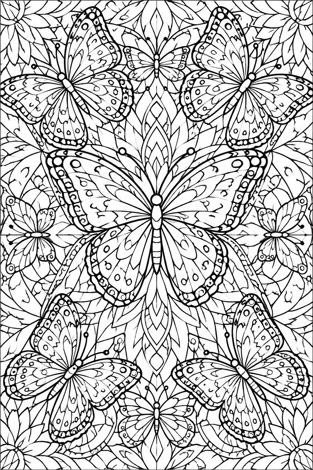 Detailed black and white coloring page with multiple butterflies and floral patterns