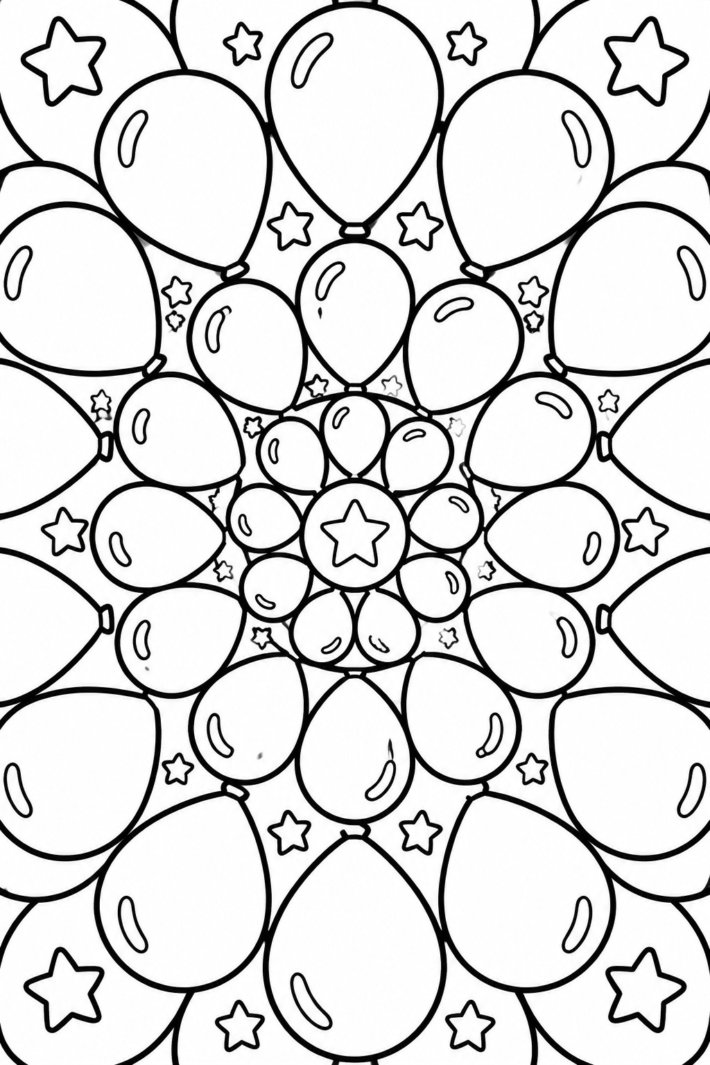 Coloring page with cluster of balloons and stars in black outlines.