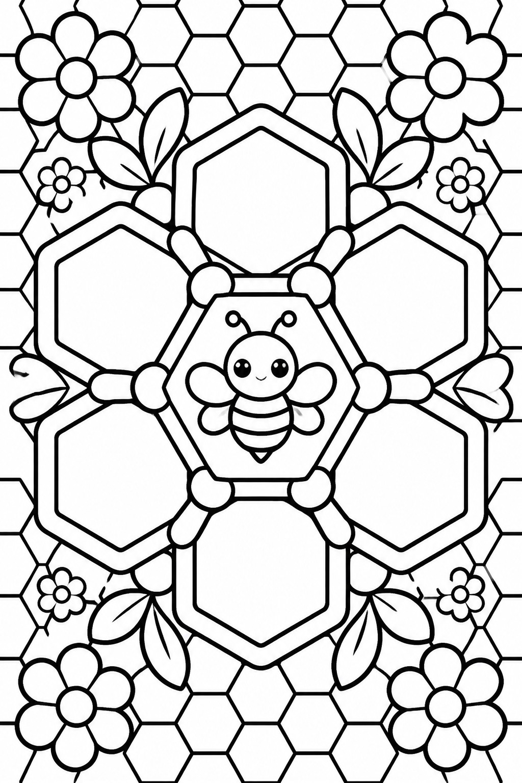 Cute cartoon bee centered amid honeycombs, flowers, and leaves in line art