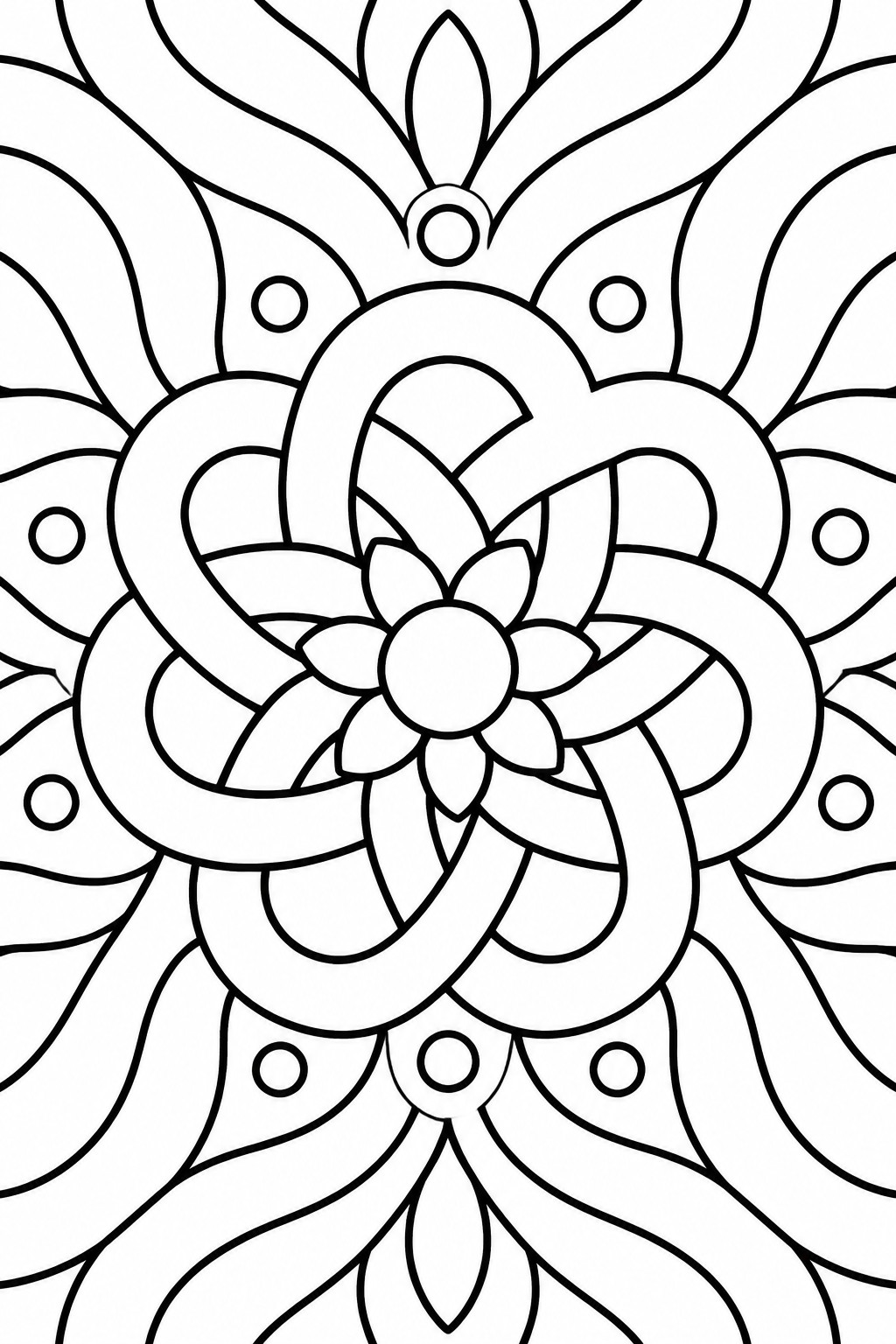 Intricate black and white mandala with layered floral petals and circular accents
