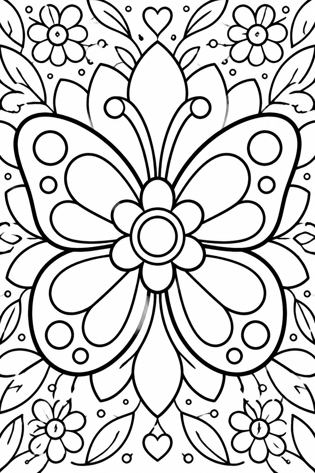 Coloring page with large butterfly amid flowers, leaves, and hearts