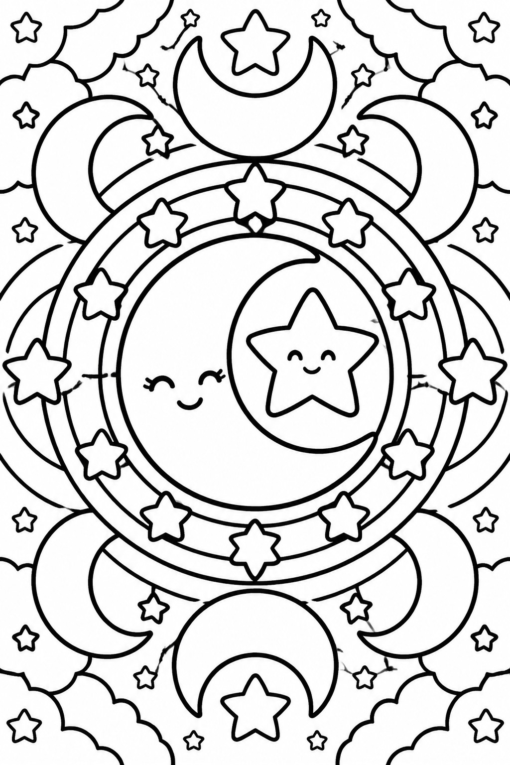 Coloring page with central smiling star, crescent moons, stars, and clouds