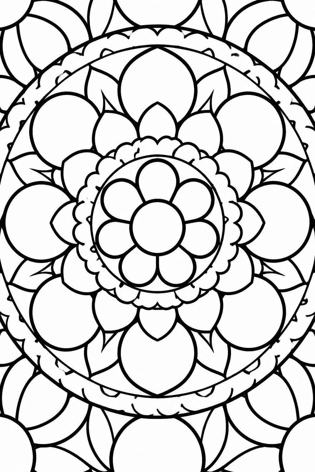 Intricate black and white mandala with central flower and layered circular petals