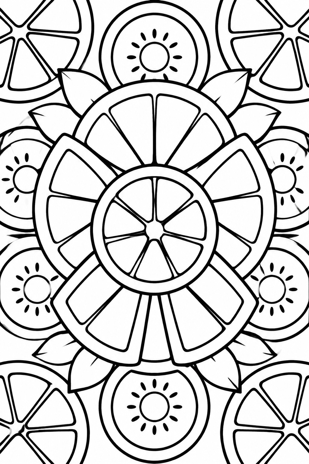 Mandala of sliced citrus fruits, oranges, and leaves in bold black lines