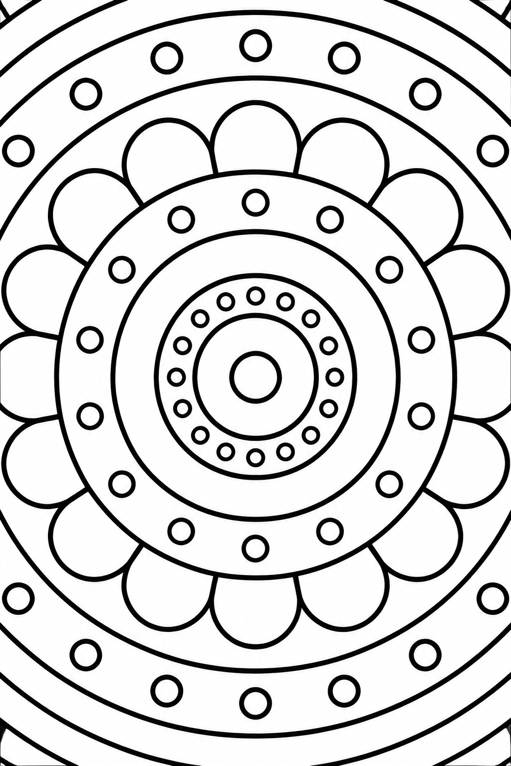Intricate black and white mandala with concentric dotted circles and scalloped rings