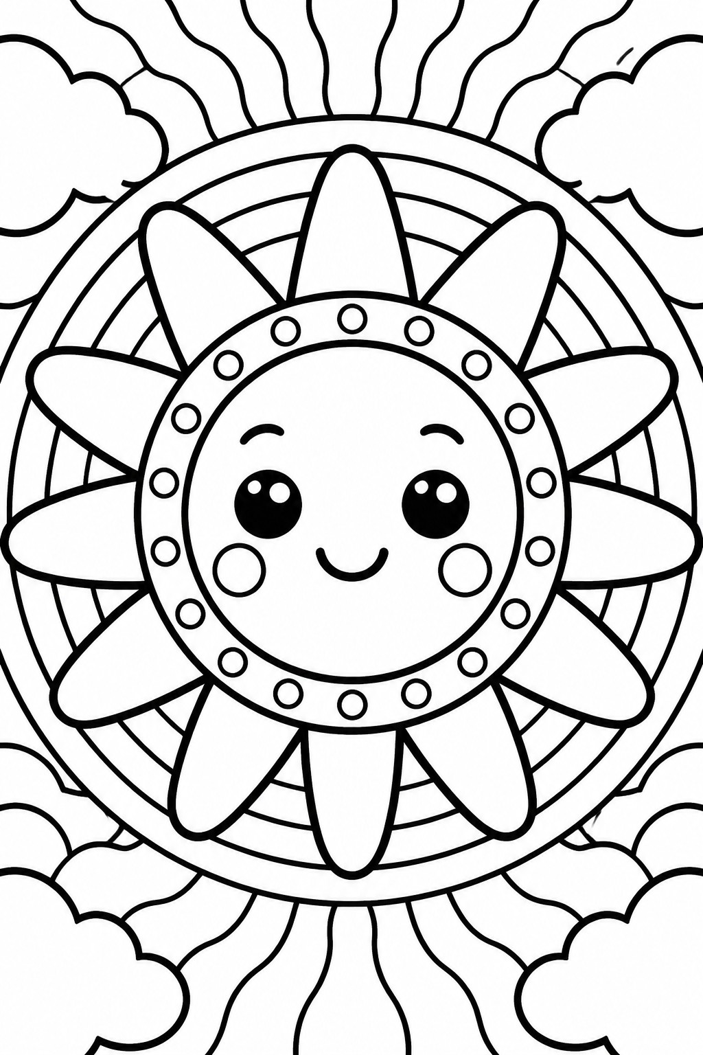 A black and white coloring page featuring a cute smiling sun with big eyes, pointed rays, dotted borders, and clouds arranged in a circular mandala style.