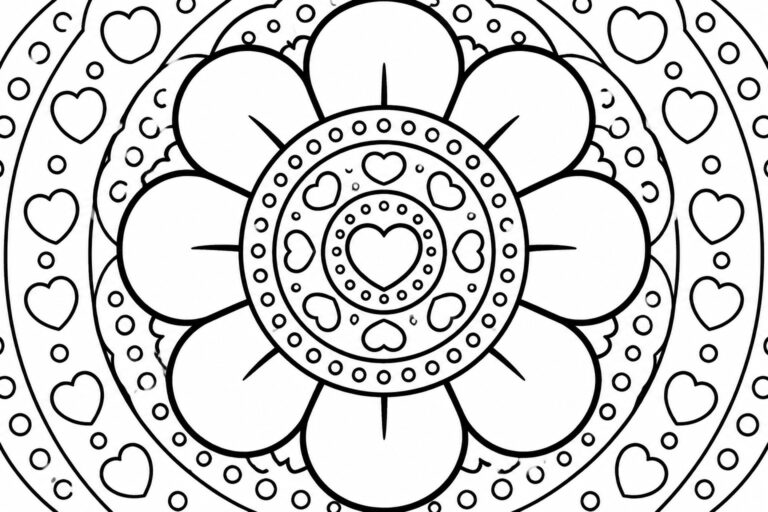 21 Easy Mandala Coloring Pages With Bold Outlines for First-Time Colorists Intricate black and white mandala with hearts, petals, and concentric circle patterns.