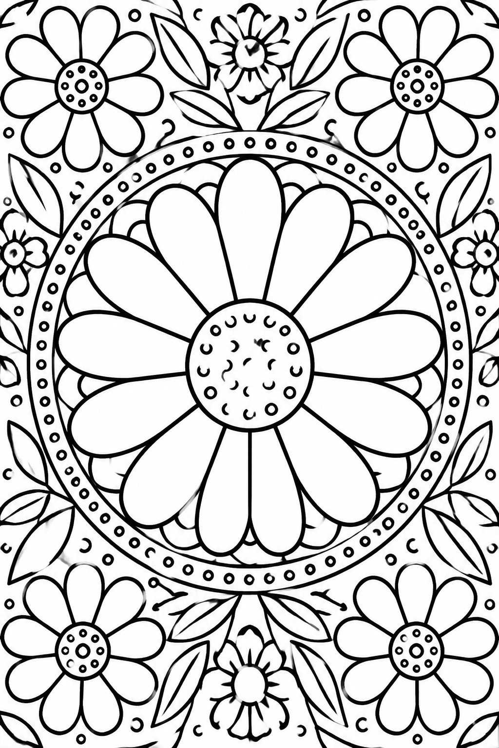 Black and white floral mandala coloring page with central daisy and surrounding blooms.