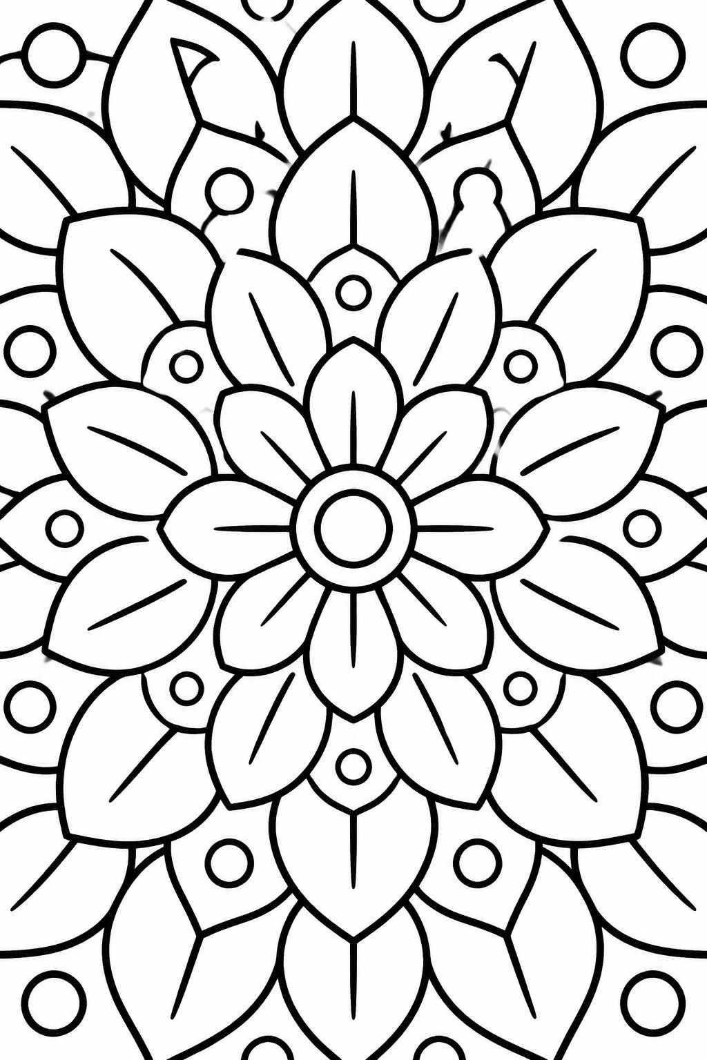 Black and white mandala with central flower, layered petals, leaves, and dots.