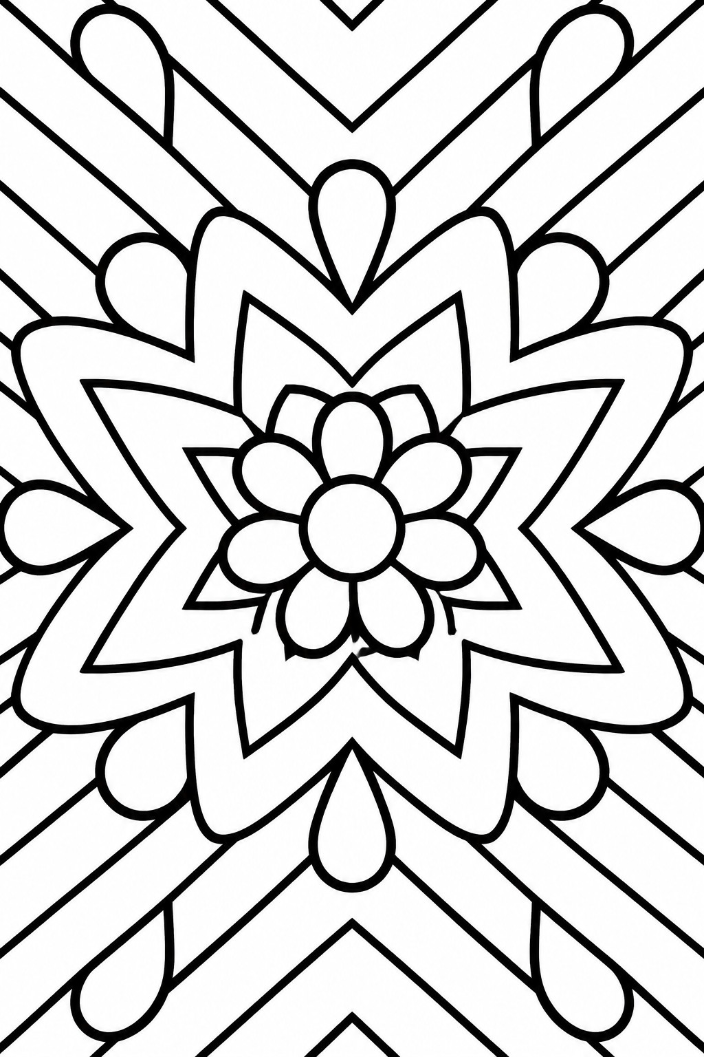 Symmetrical black and white mandala with central flower and layered petal patterns