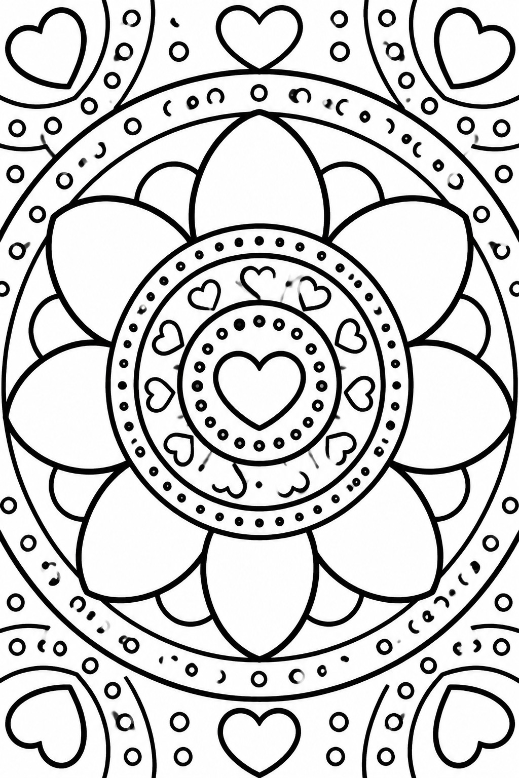 Intricate black and white mandala with hearts, petals, and concentric circle patterns.