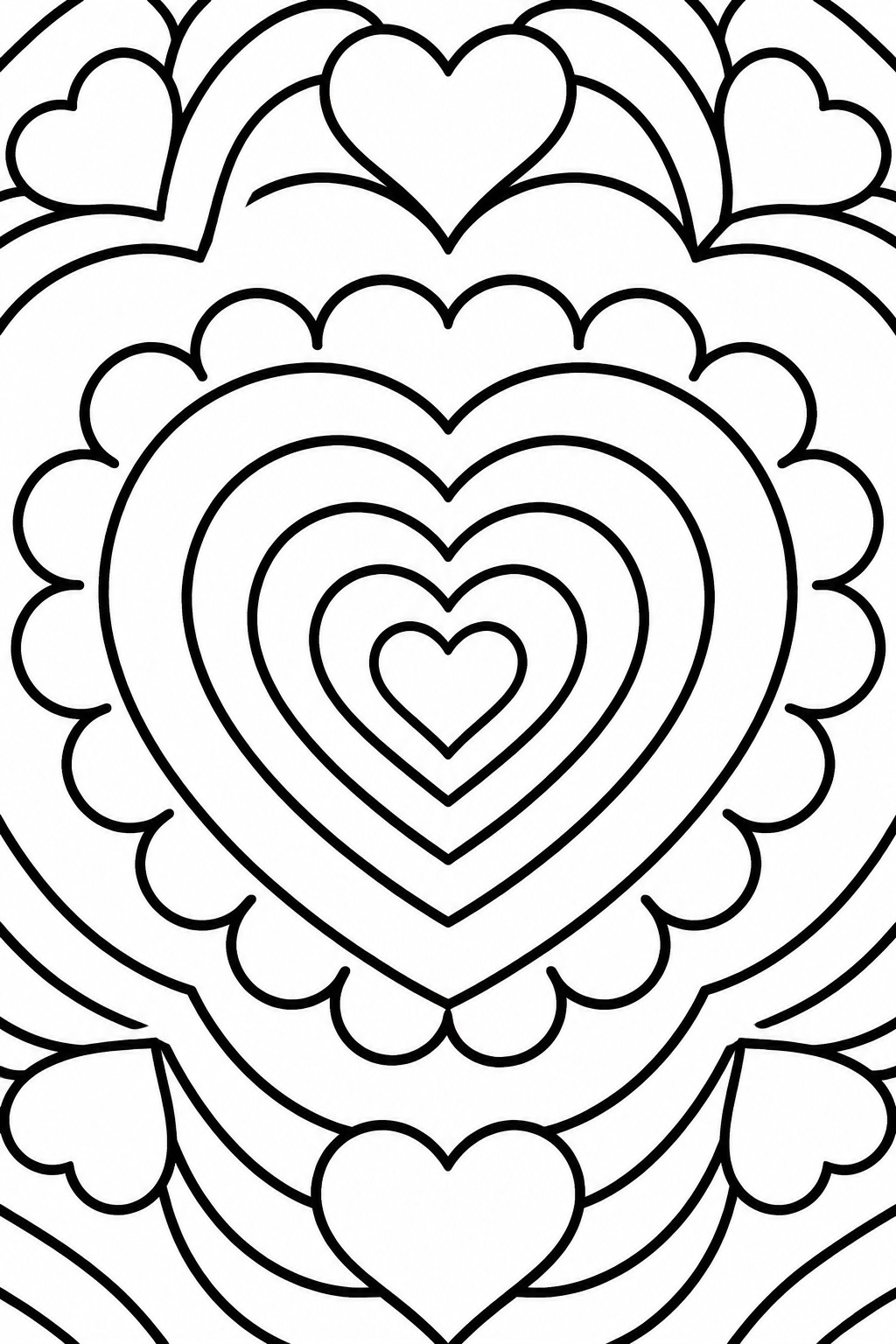 A mandala coloring page with concentric hearts in the center and a surrounding ring of heart shapes.