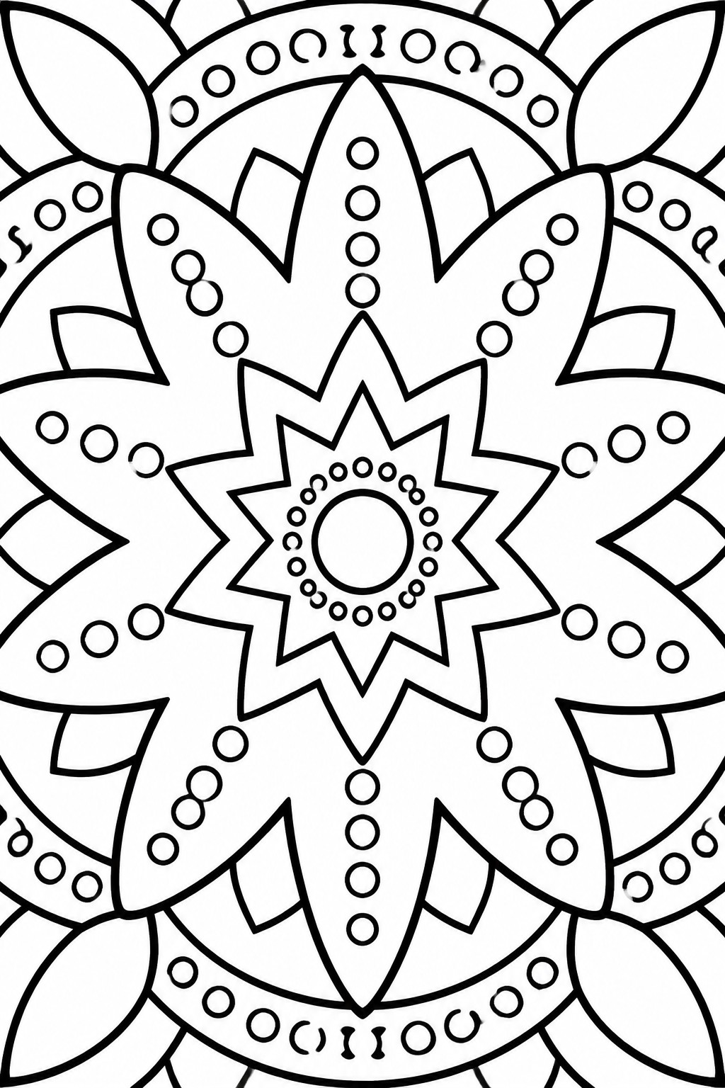 Intricate black-and-white mandala with central star, petals, leaves, and dotted patterns.