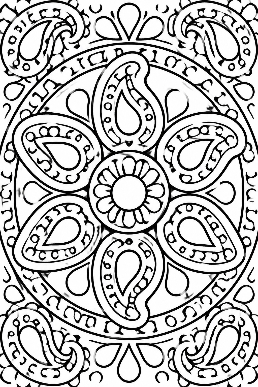 Intricate black-and-white mandala with paisley patterns and central floral design