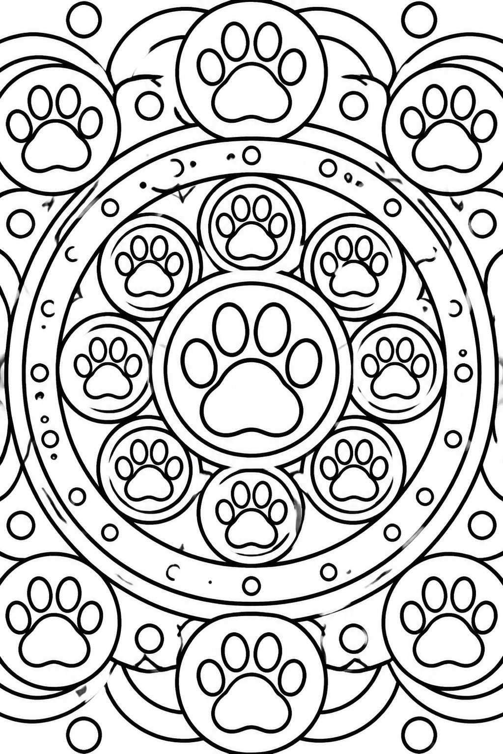 Black and white mandala with concentric circles of paw prints