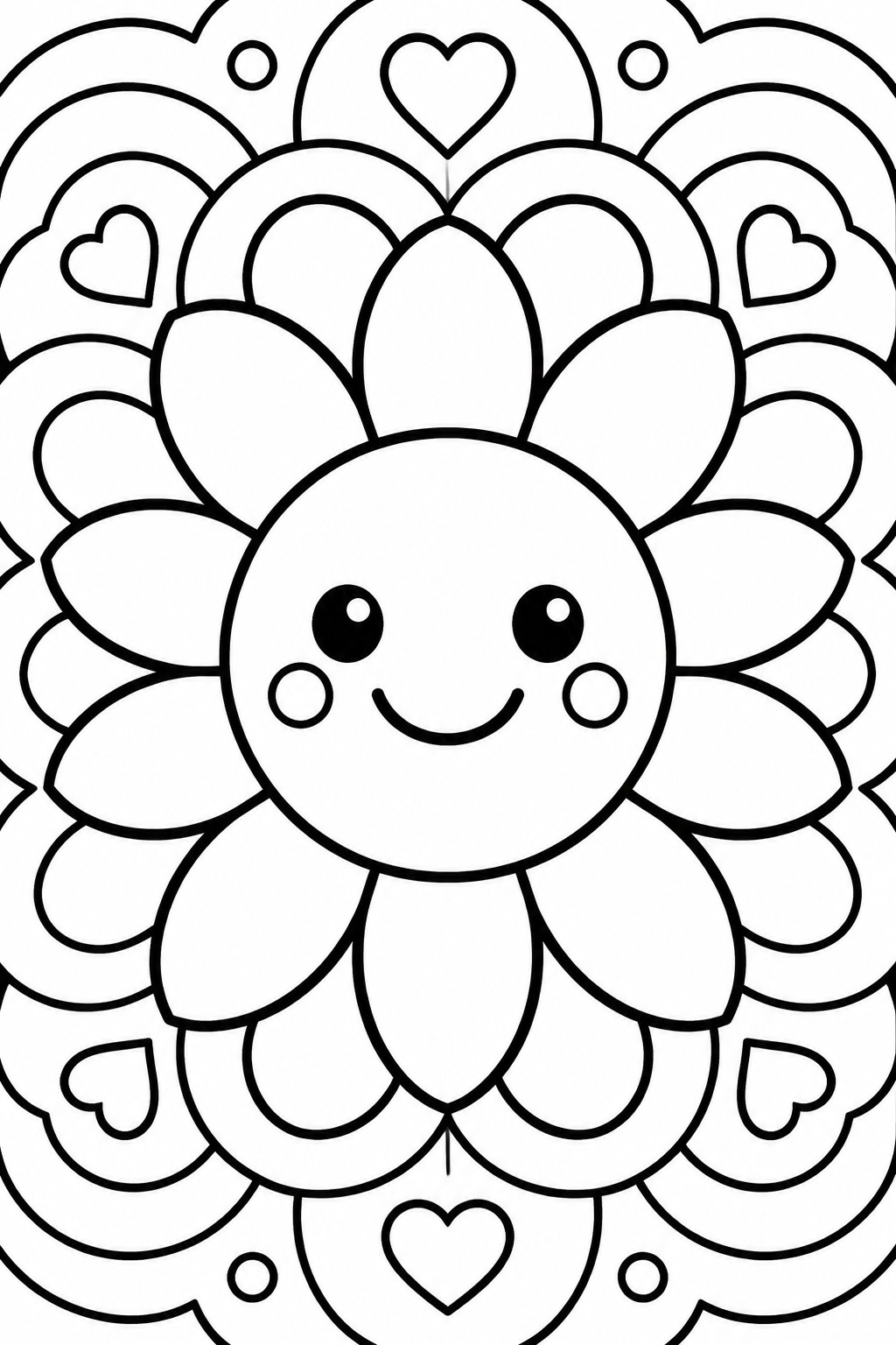 A black and white coloring page shows a smiling flower face with petals at the center, surrounded by layered hearts and circles in a mandala arrangement.