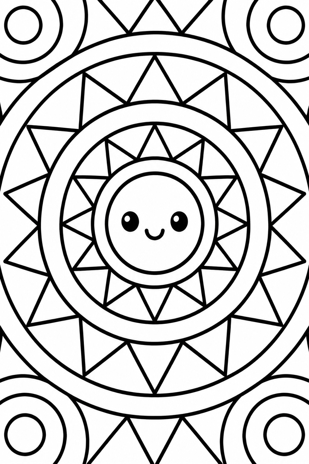 Cute cartoon sun with smiling face amid layered triangular rays and concentric circles