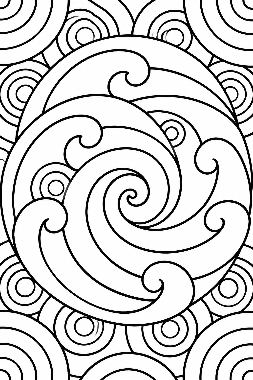 Intricate black and white line drawing of swirling spirals and circular patterns