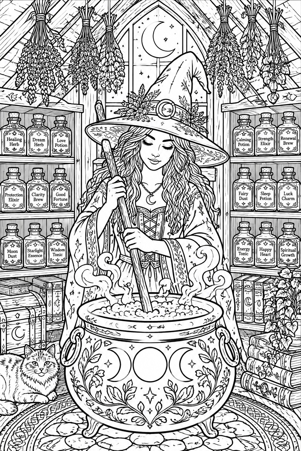 Witch in starry hat stirring cauldron amid potion shelves, hanging herbs, and a cat