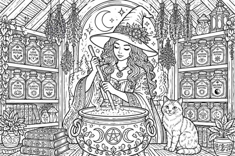 Witch in starry hat stirring cauldron amid potion shelves, hanging herbs, and a cat