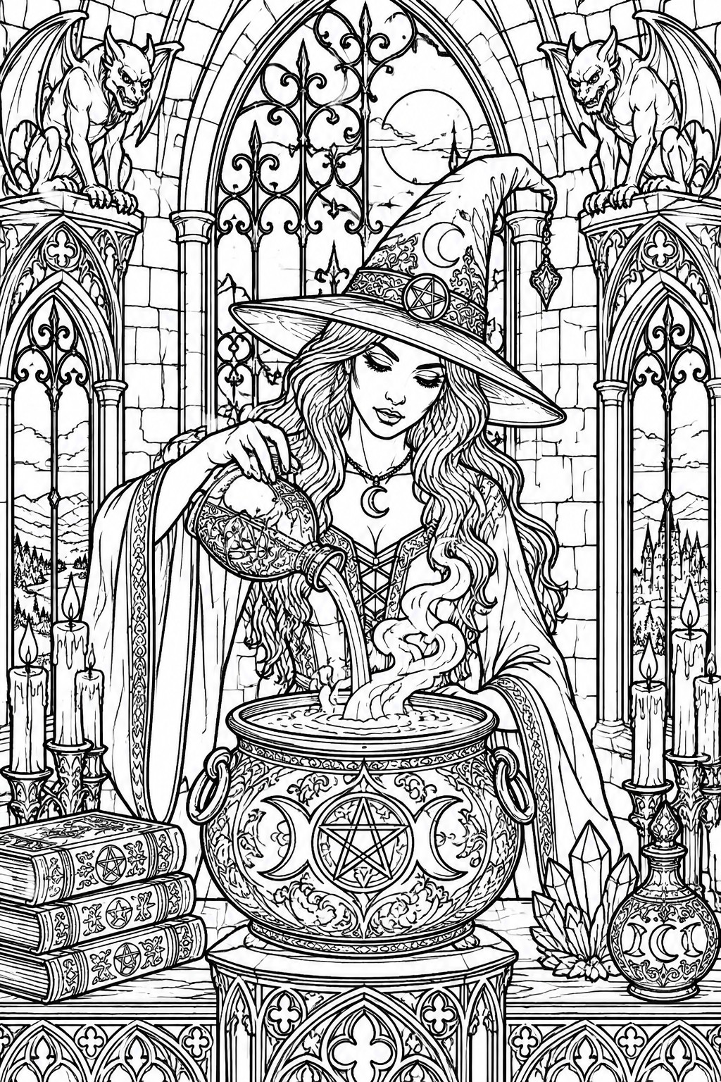 Witch in pointed hat pours potion into ornate cauldron amid gargoyles and candles