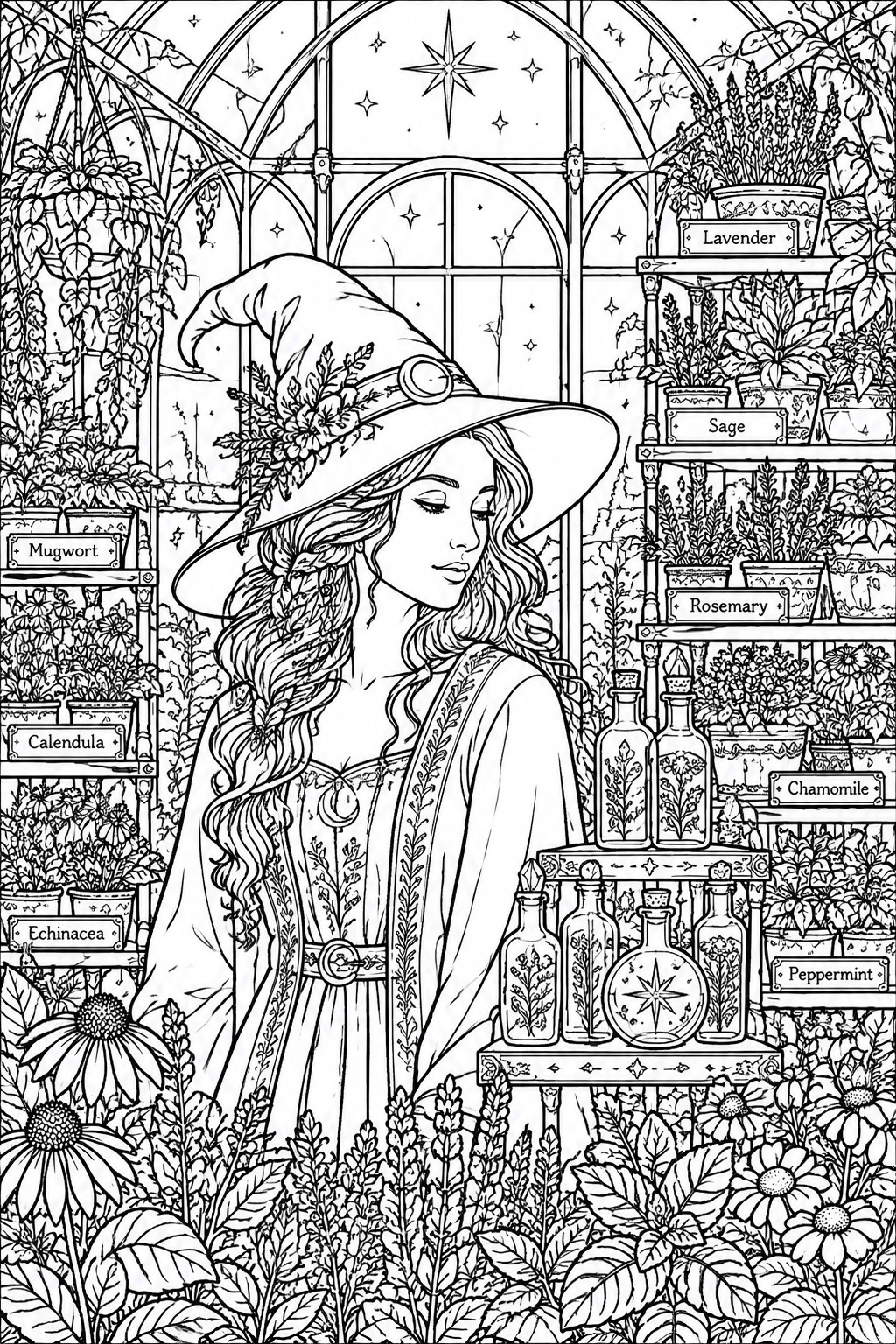 Witch in floral hat amid herb shelves, potion bottles, and greenhouse plants in line art.
