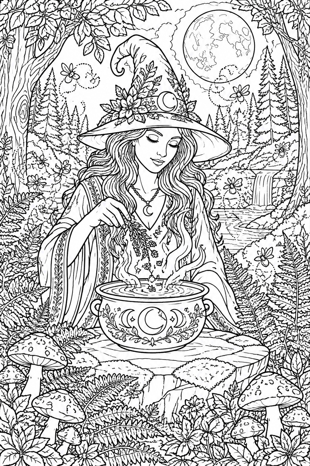 Witch with floral hat stirs cauldron in moonlit forest amid mushrooms and ferns, line art.