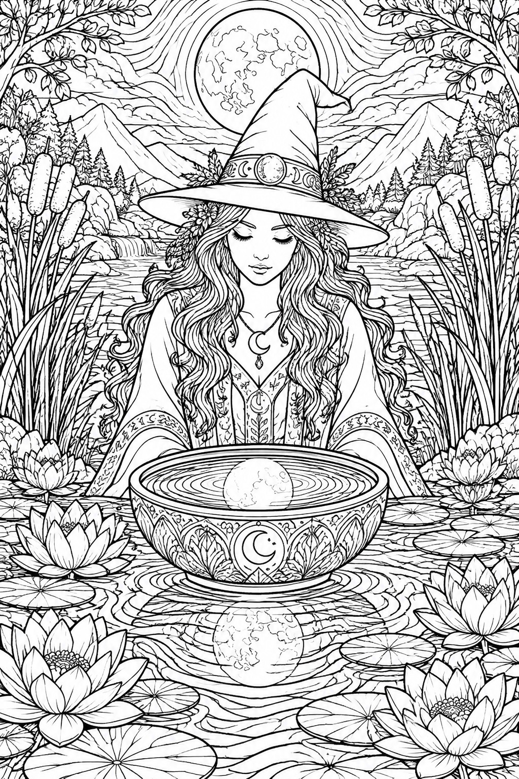 Witch in moon hat meditates over sphere bowl amid lotus flowers in pond
