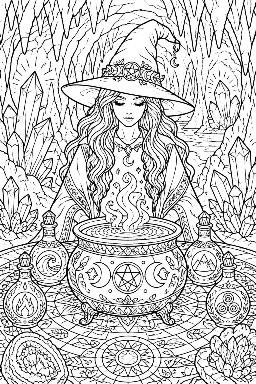 Witch in pointed hat meditates over smoking cauldron amid crystals and potion bottles