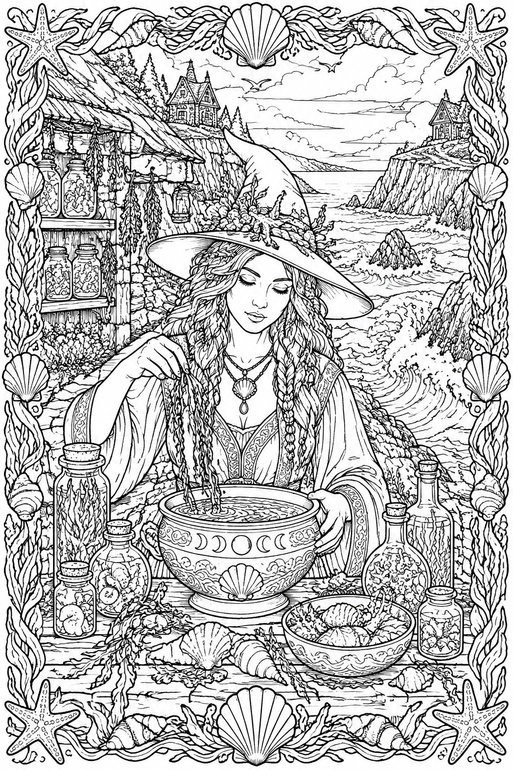 A detailed black and white line drawing of a long-haired witch in a wide hat stirring a cauldron at a seaside table surrounded by potion bottles and shells, with ocean waves and cliff houses in the background.
