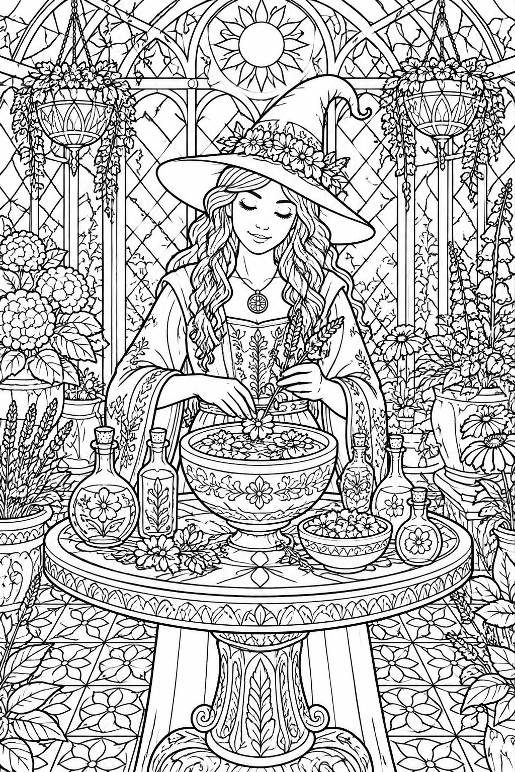 A black and white line art coloring page showing a witch in a wide hat with flowers seated at a table in a greenhouse, working with a large bowl of flowers and surrounded by potion bottles and potted plants.