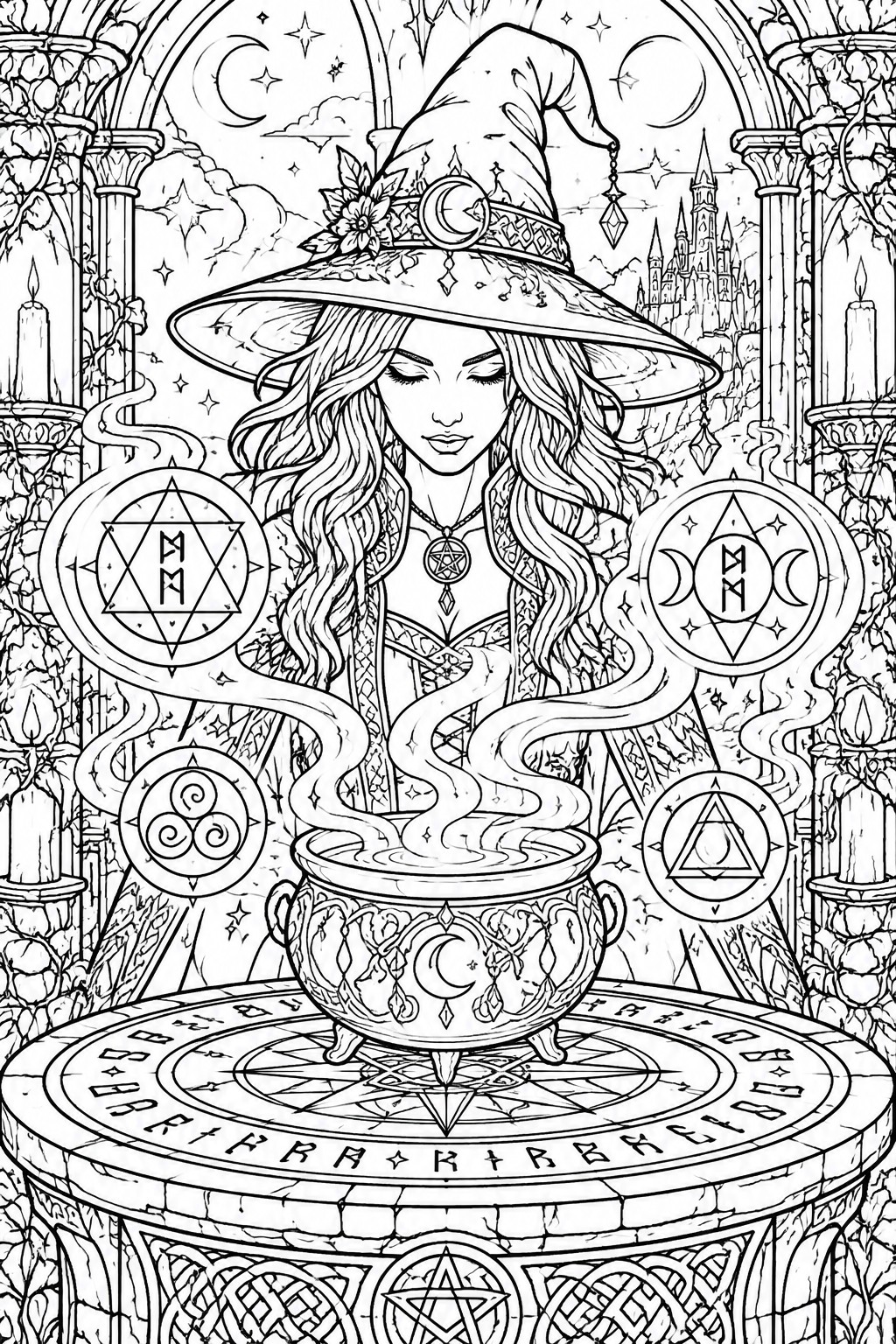 Intricate black-and-white line art of a witch with steaming cauldron and magical symbols