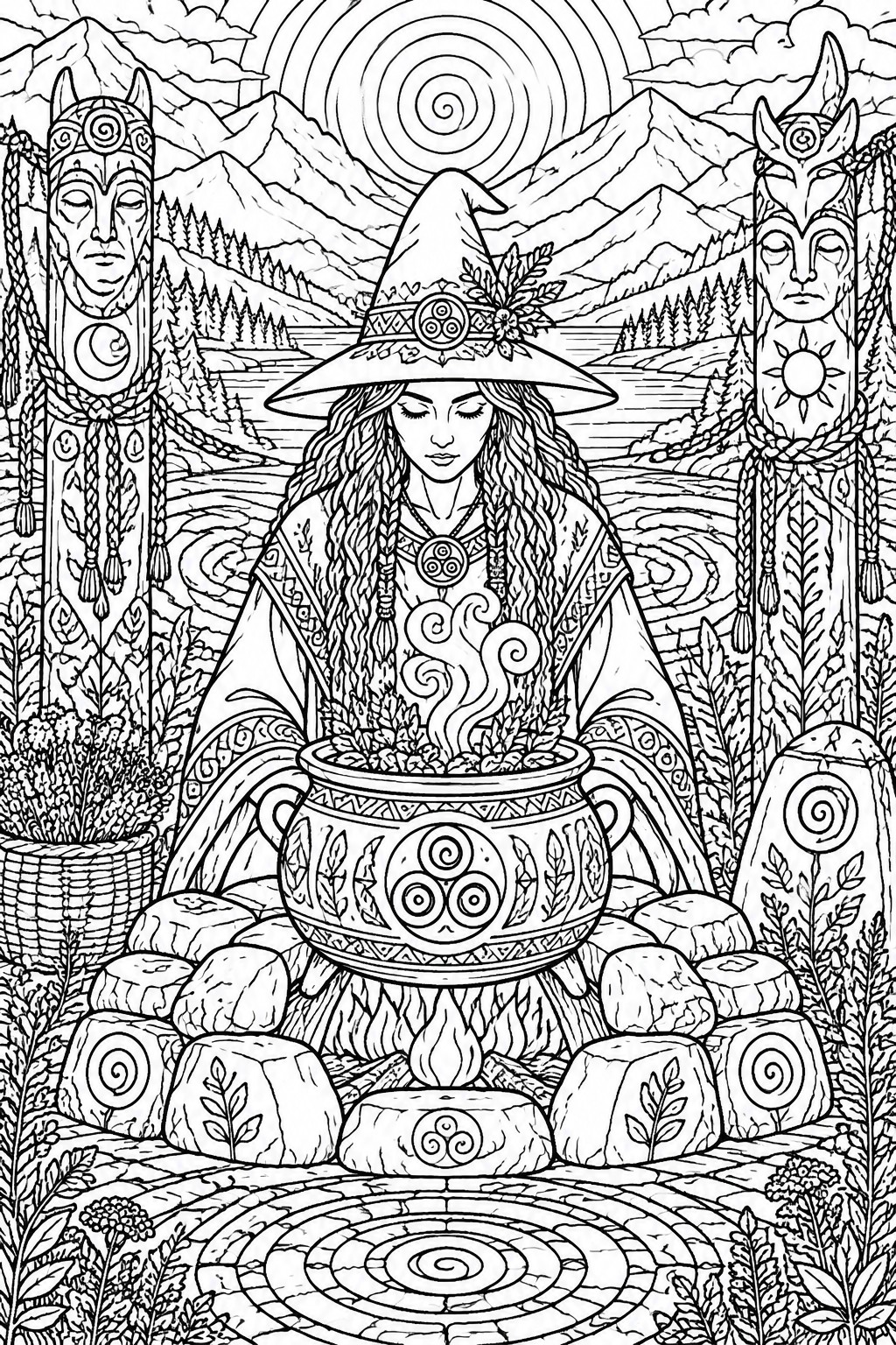 Witch in pointed hat with cauldron between spiral-carved totems in mountain scene