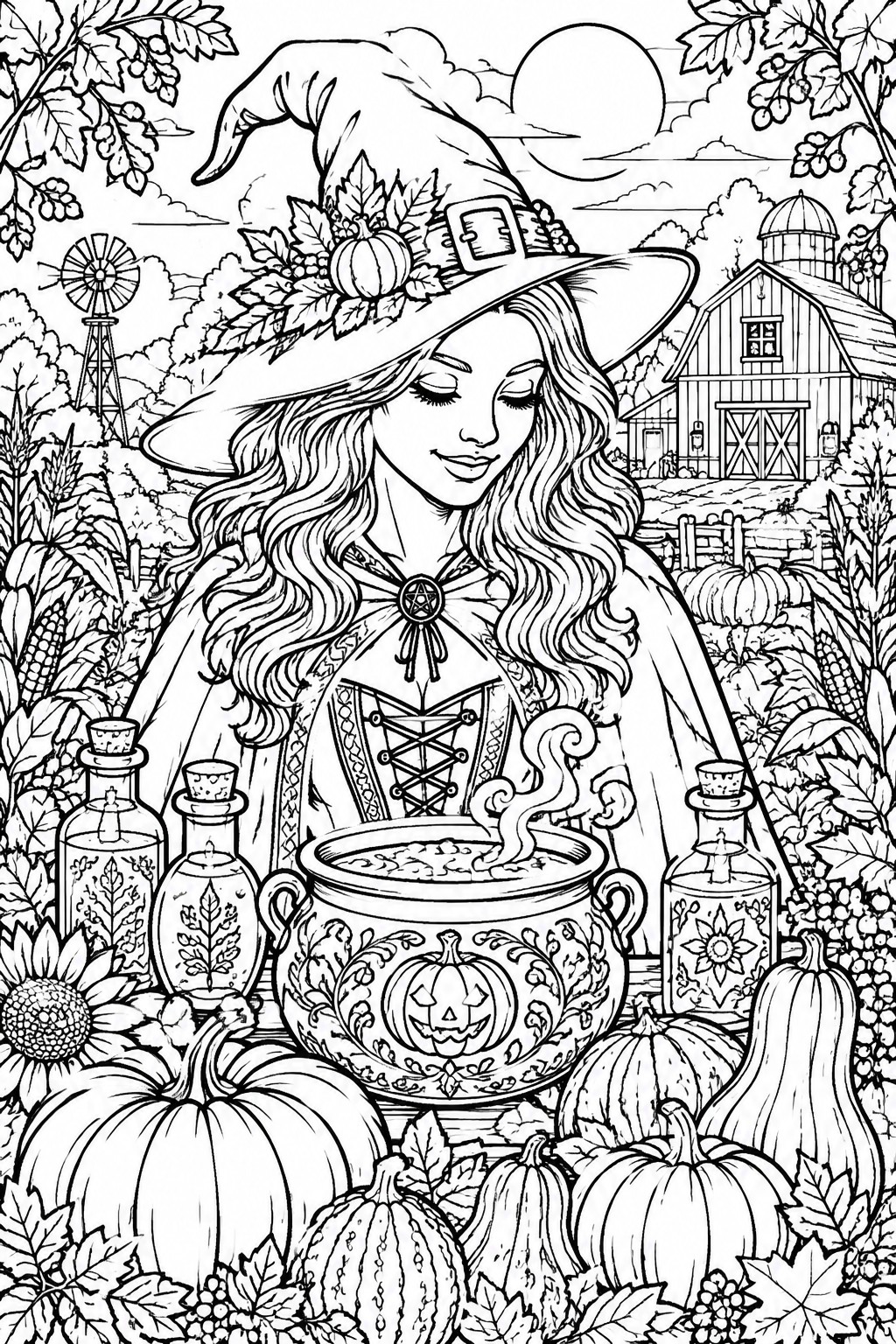 Line art of smiling witch with cauldron, potion bottles, and pumpkins in farm scene