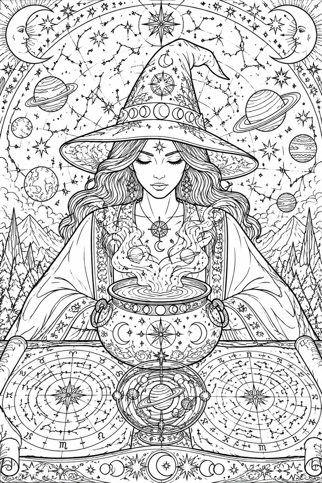 A black and white line drawing shows a witch with a large hat holding a cauldron, with smoke forming planets, set against stars, moons, planets, mountains, and two zodiac charts at the bottom.