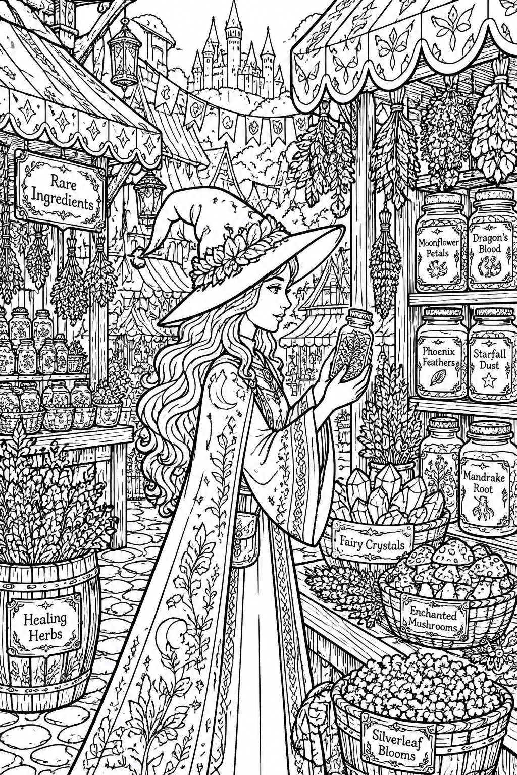 Witch in floral hat examines jar at fantasy market stall with labeled potion ingredients and crystals
