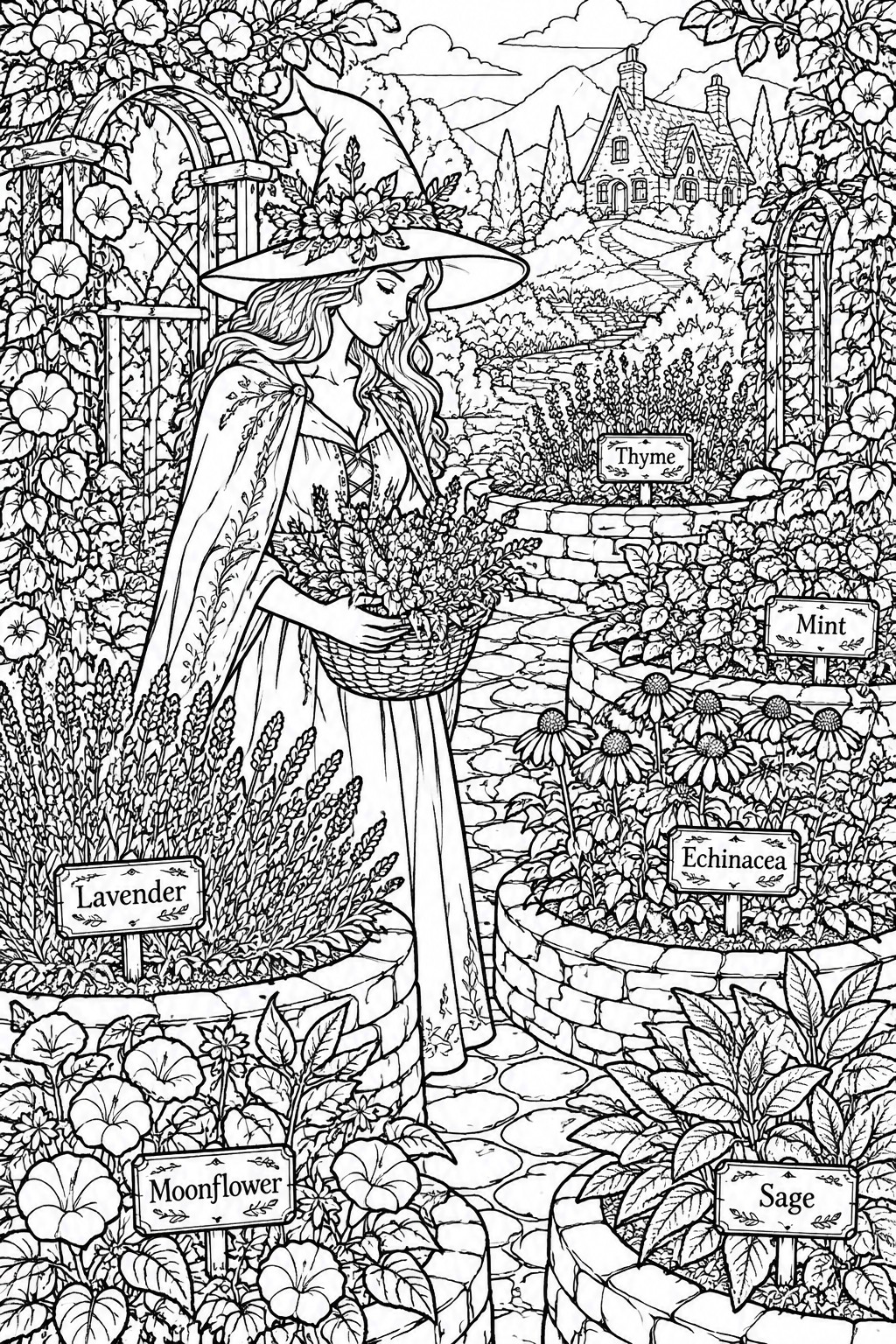 Witch in pointed hat and cloak carries flower basket through labeled herb garden