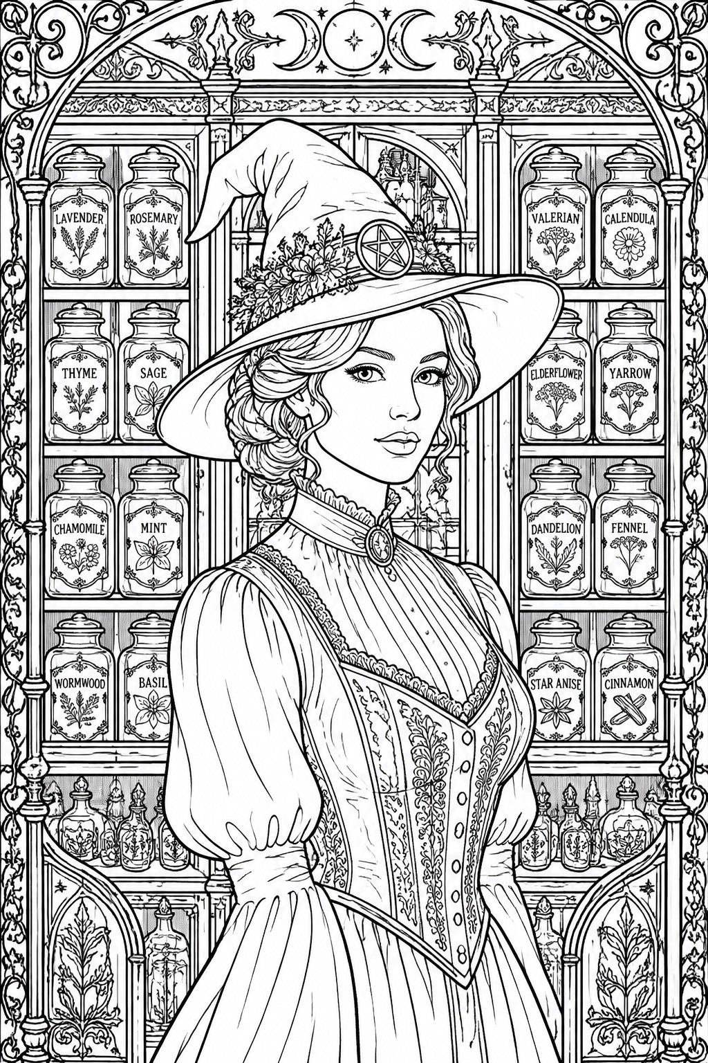 Black and white line drawing of a witch in a wide hat standing in front of shelves stocked with labeled herb jars.