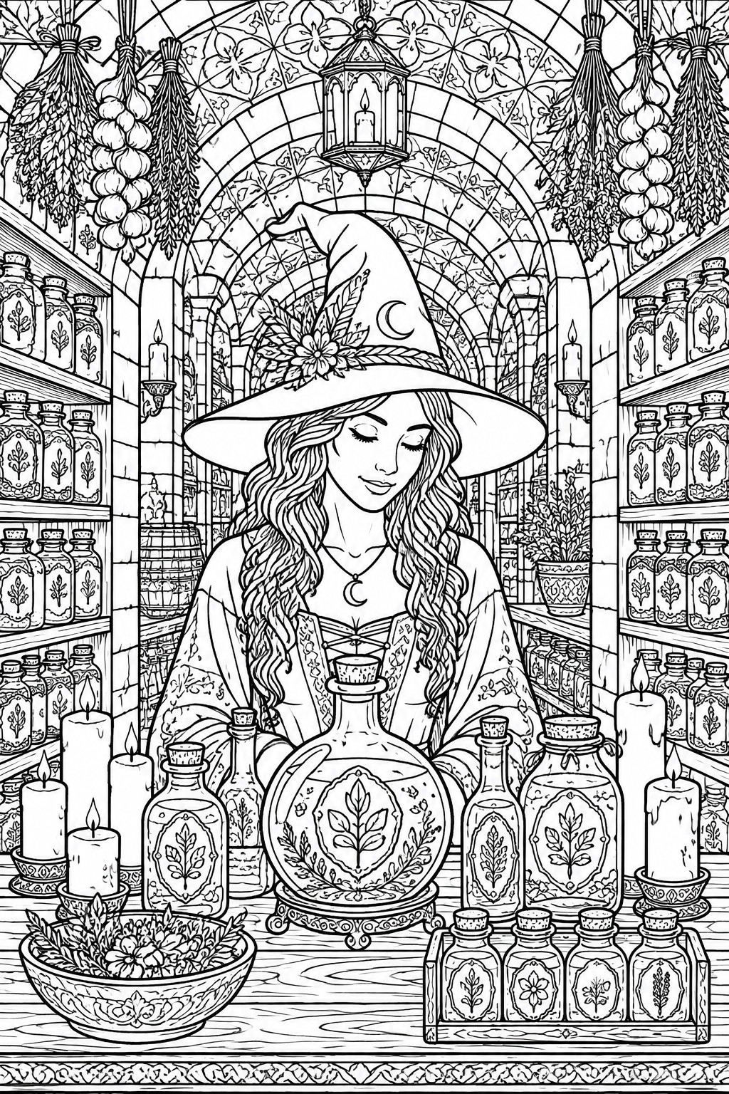 Witch in pointed hat amid potion bottles, candles, and hanging herbs in apothecary