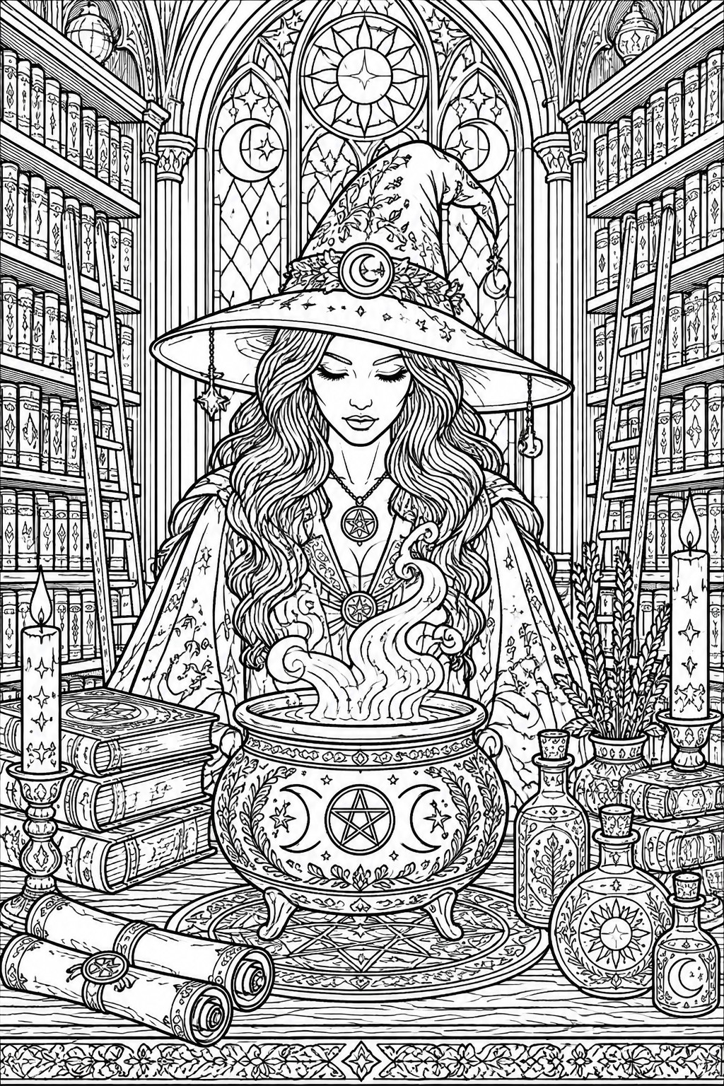 Witch in crescent moon hat brews potion over cauldron amid bookshelves and candles.