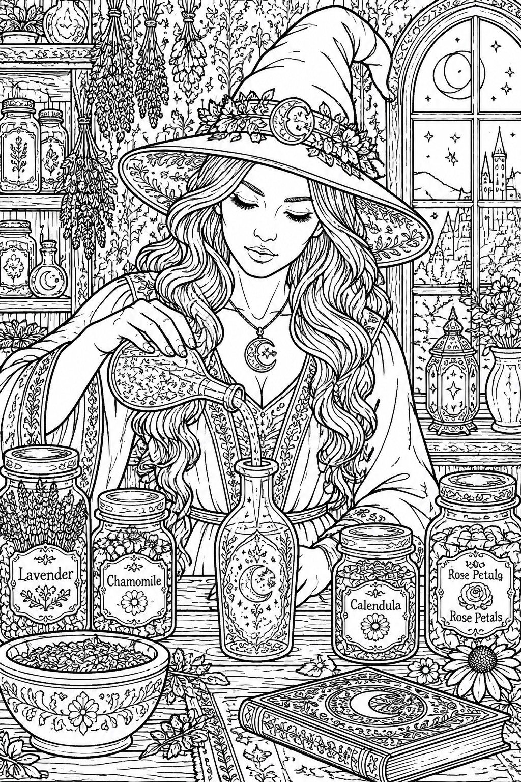 Black and white line art of a witch in a wide hat pouring liquid into a bottle on a table surrounded by labeled herb jars, a bowl, and an open book.