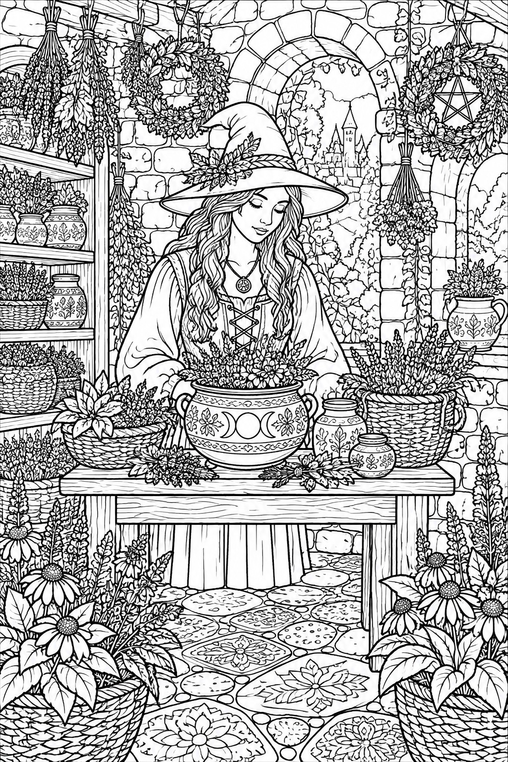 Witch in wide hat with flowers holding herb-filled bowl at wooden table in stone room
