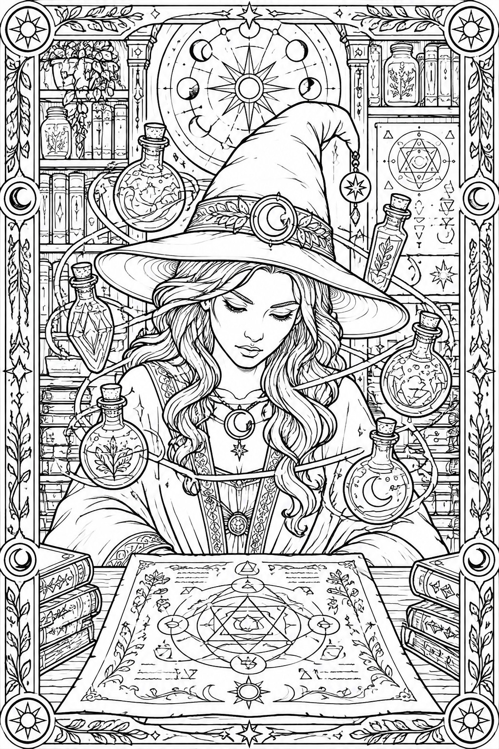 Detailed line art of witch in moon hat studying spellbook amid floating potions and bookshelves