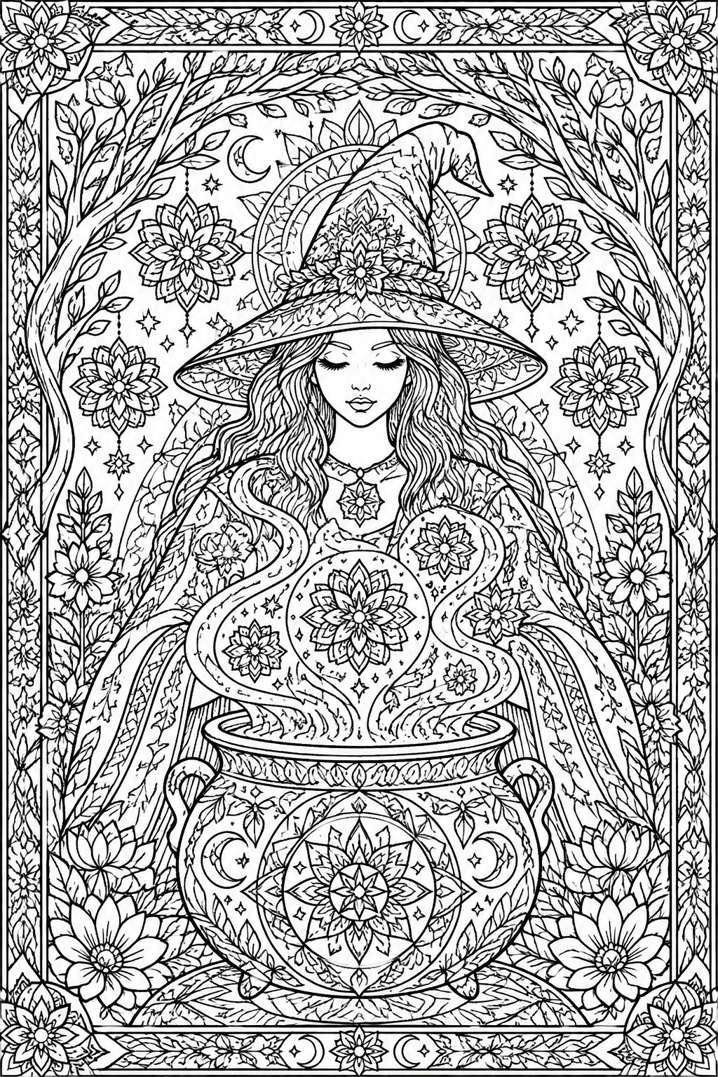 Black and white line drawing of a witch in a large hat seated behind a decorated cauldron with swirling floral steam, framed by trees, flowers, moons, and stars.