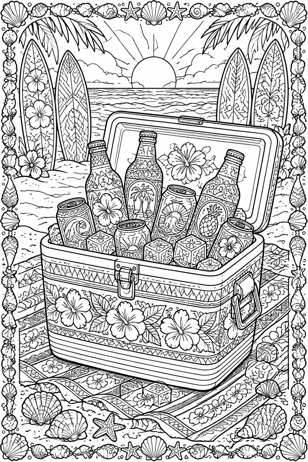 Black and white line art of open beach cooler with bottles, cans, surfboards, and ocean sunset