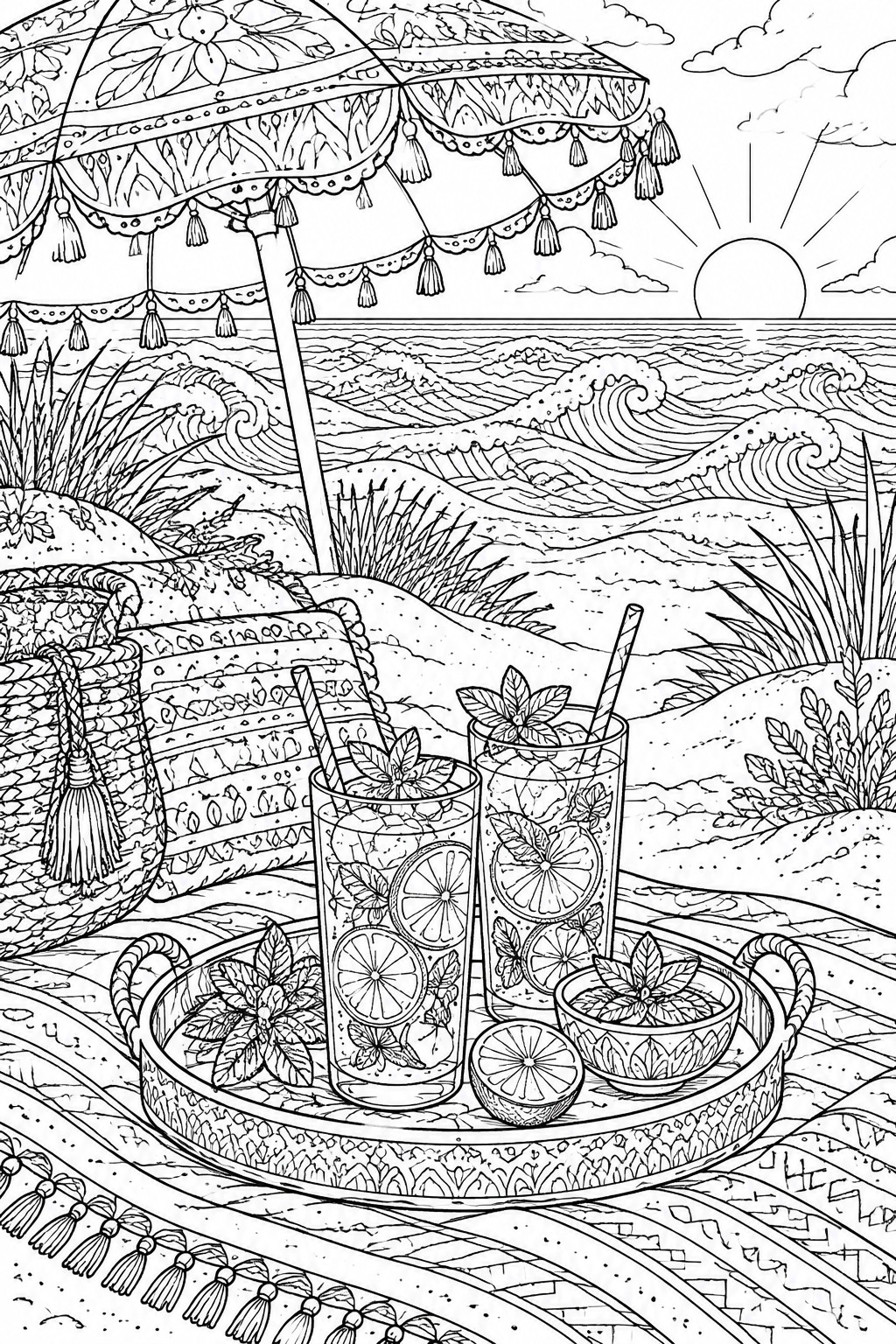 Detailed line art of beach picnic with umbrella, citrus drinks on tray, ocean waves.