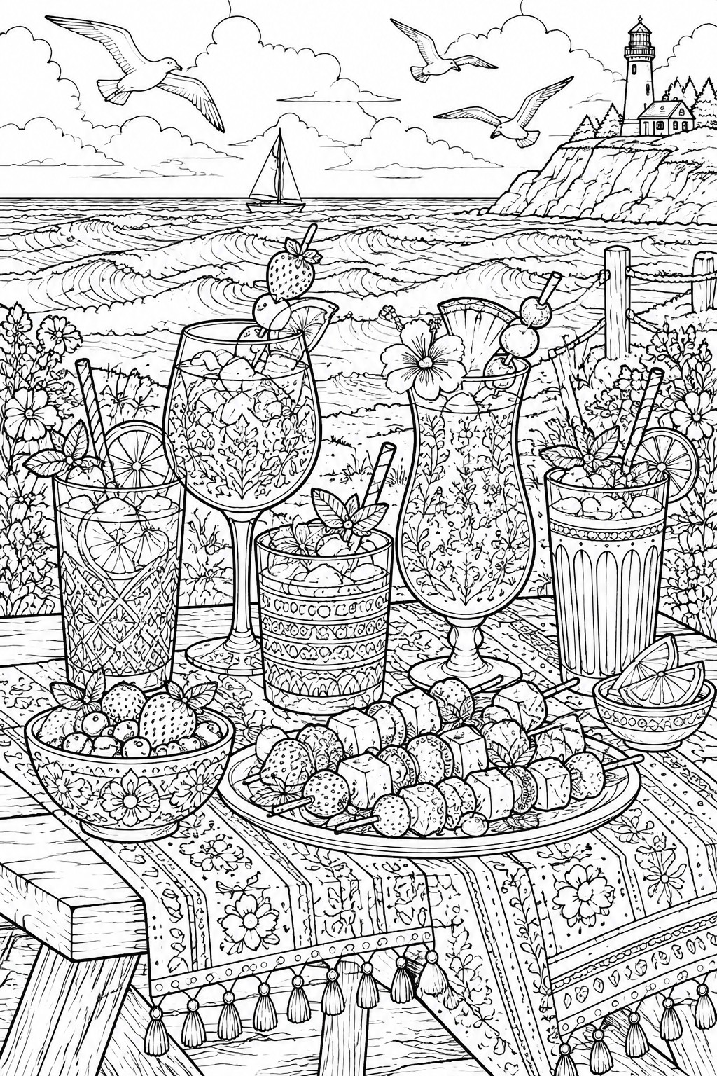 Detailed line art of cocktails fruits on table by ocean with lighthouse and birds