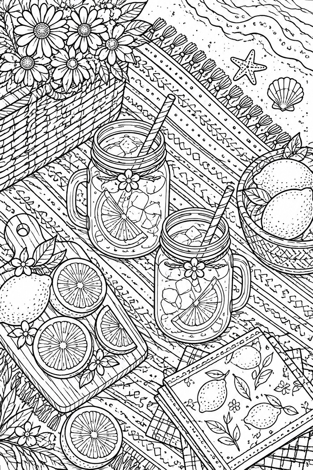 Detailed line art of lemonade mason jars, lemons, flowers, and seashells on a beach blanket.