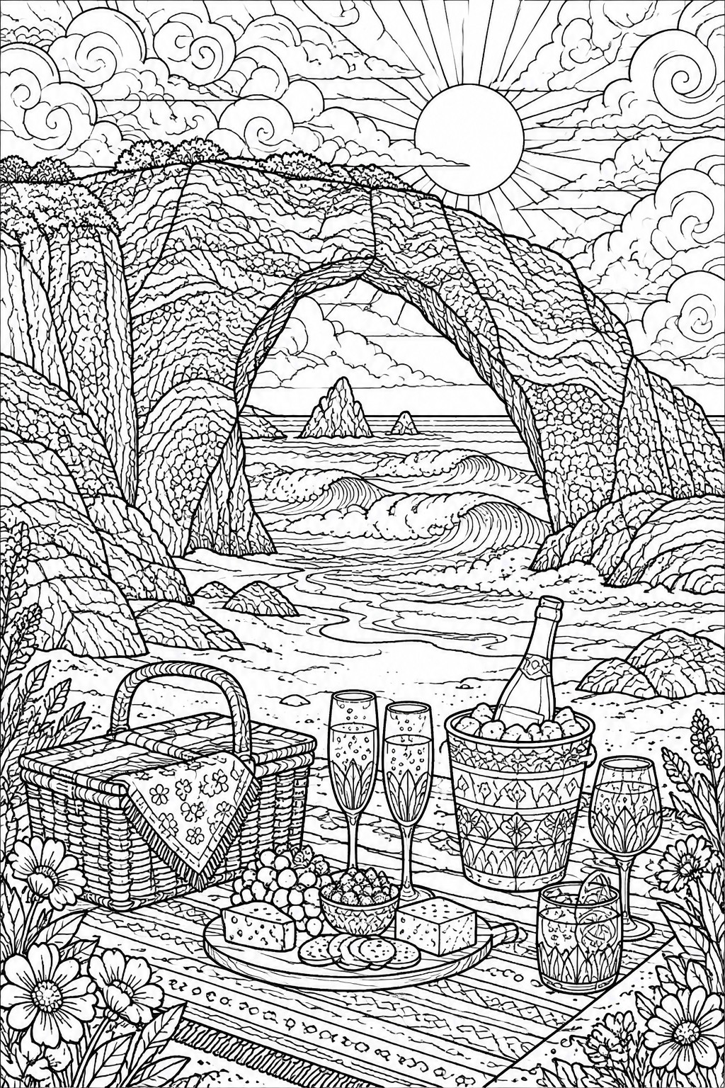 A black and white line drawing of a picnic on the beach in front of a large rock arch overlooking the ocean with waves, cliffs, sun, and picnic items like a basket and champagne bucket.