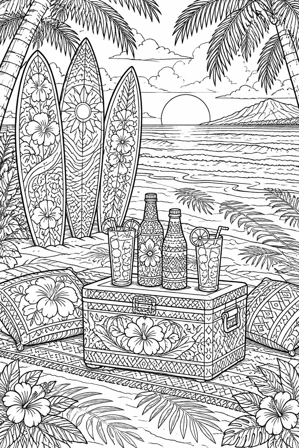 Detailed black and white line art of tropical beach with surfboards, cooler, and sunset drinks